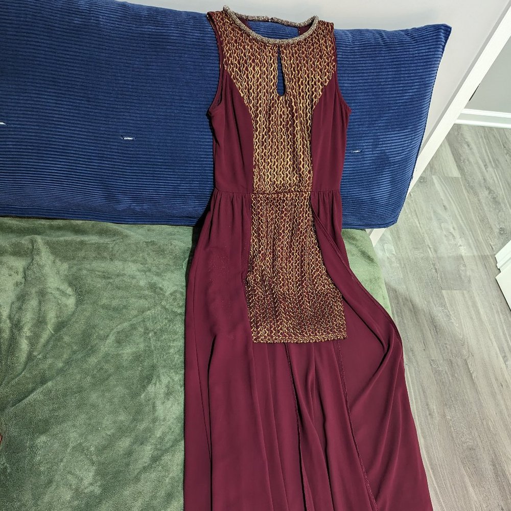 Semi Formal Burgundy and Gold Mini Dress